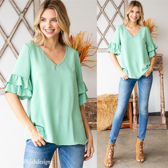 LAST 1! V Neck Stunning Double Ruffle Sleeve Mint Top! - Picture 4 of 6